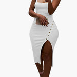 Elegant Sleeveless Tank Ribbed Slim Fit Bodycon Buttons Pencil Dress