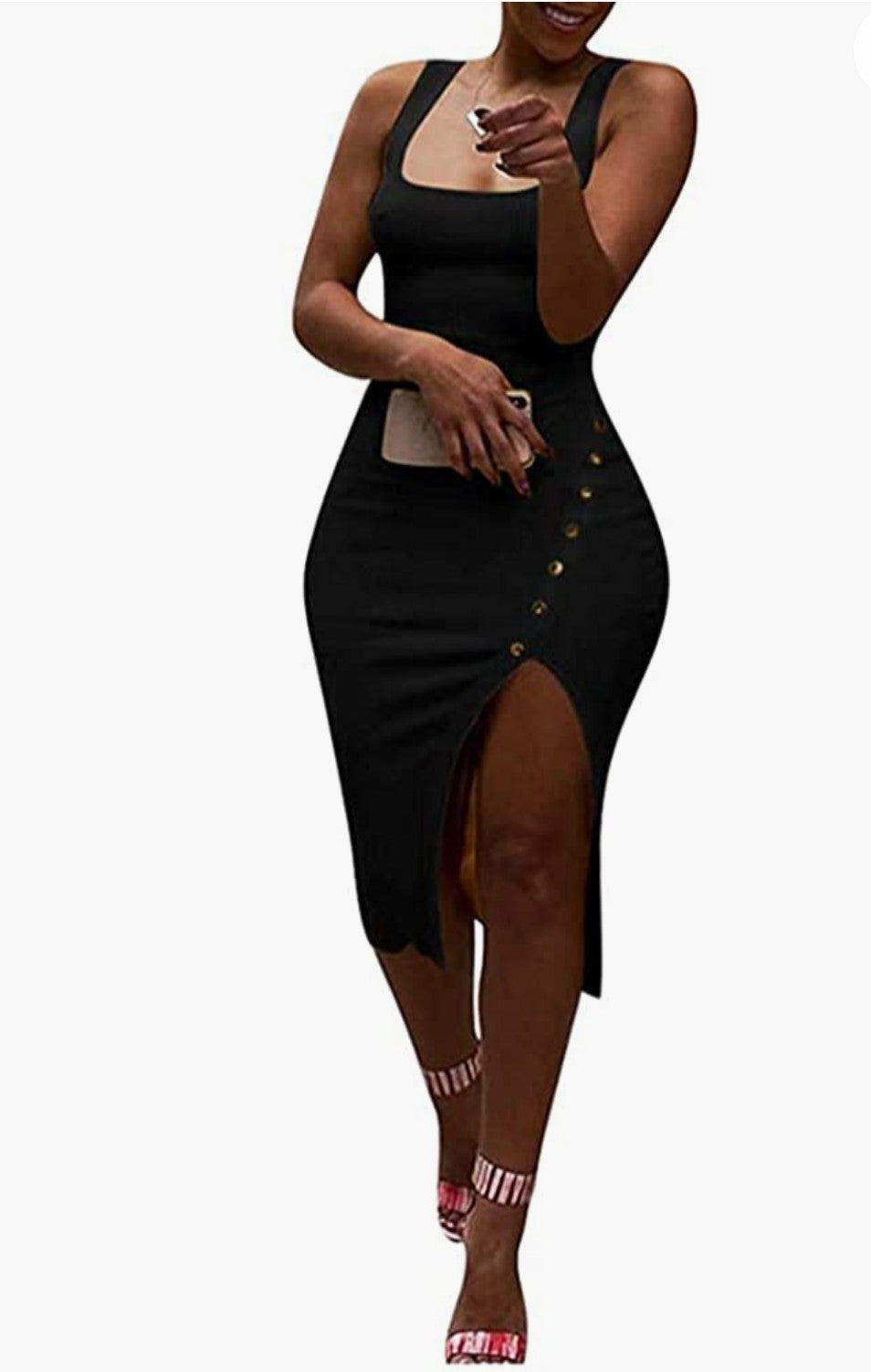 Elegant Sleeveless Tank Ribbed Slim Fit Bodycon Buttons Pencil Dress