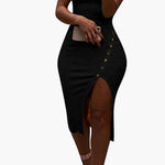 Elegant Sleeveless Tank Ribbed Slim Fit Bodycon Buttons Pencil Dress