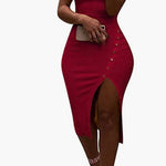 Elegant Sleeveless Tank Ribbed Slim Fit Bodycon Buttons Pencil Dress