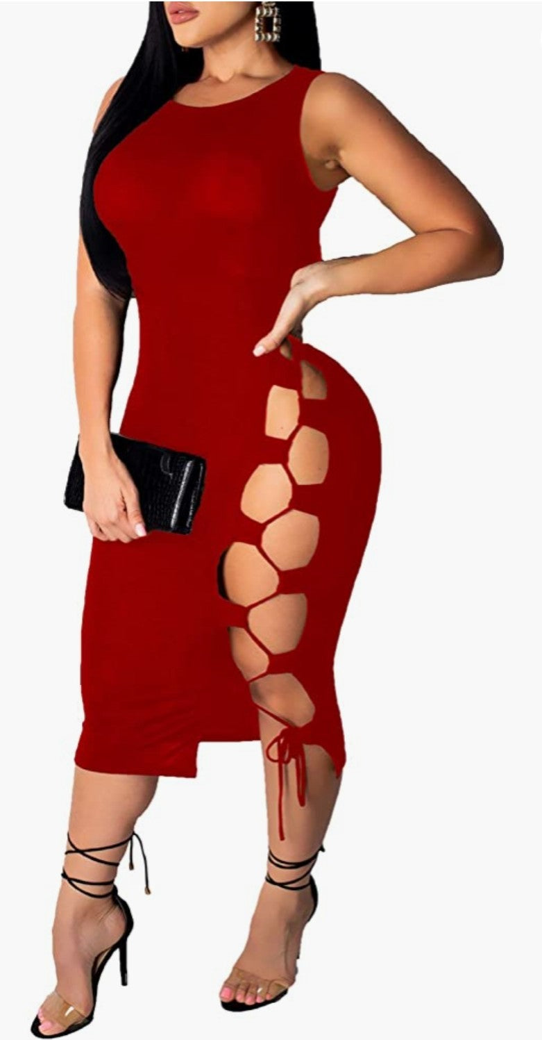 Red sexy Sleeveless Bandage Lace up Bodycon Dress