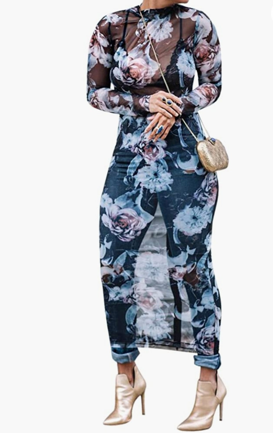 Sexy See Through Floral Printed Translucent Bodycon Dress