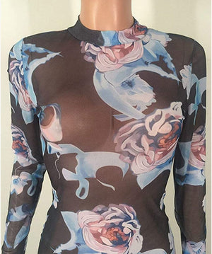 Sexy See Through Floral Printed Translucent Bodycon Dress