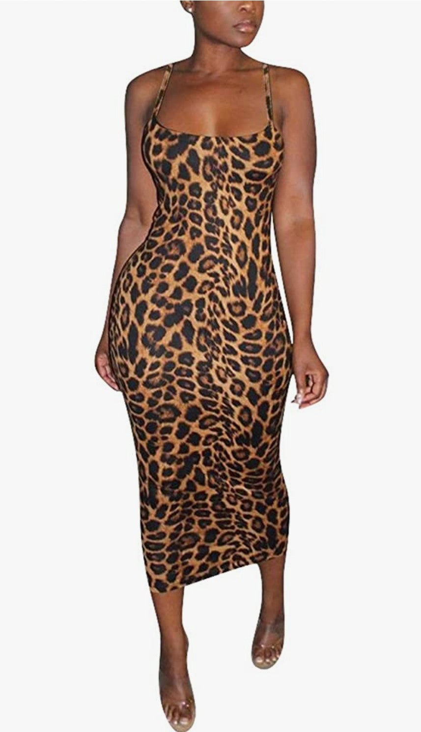 Leopard Knitted Spaghetti Strap Dress