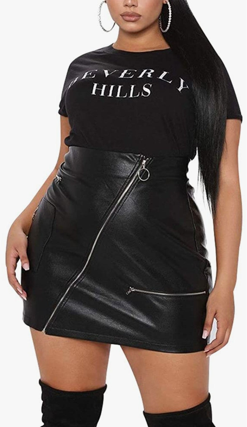 Plus Size Zipper Faux Leather High Waist Skirt