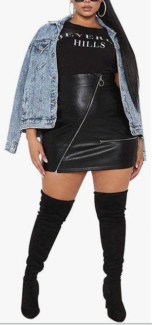 Plus Size Zipper Faux Leather High Waist Skirt