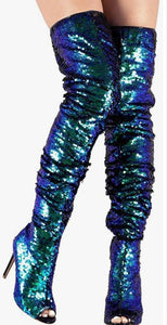 Sparkle Sequins Over The Knee Open Toe Boots