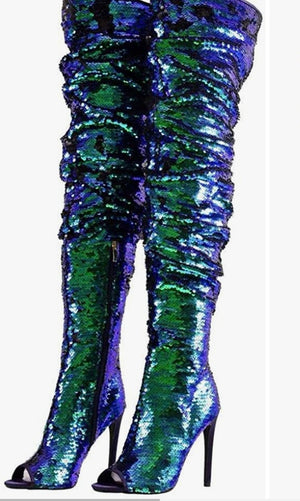 Sparkle Sequins Over The Knee Open Toe Boots