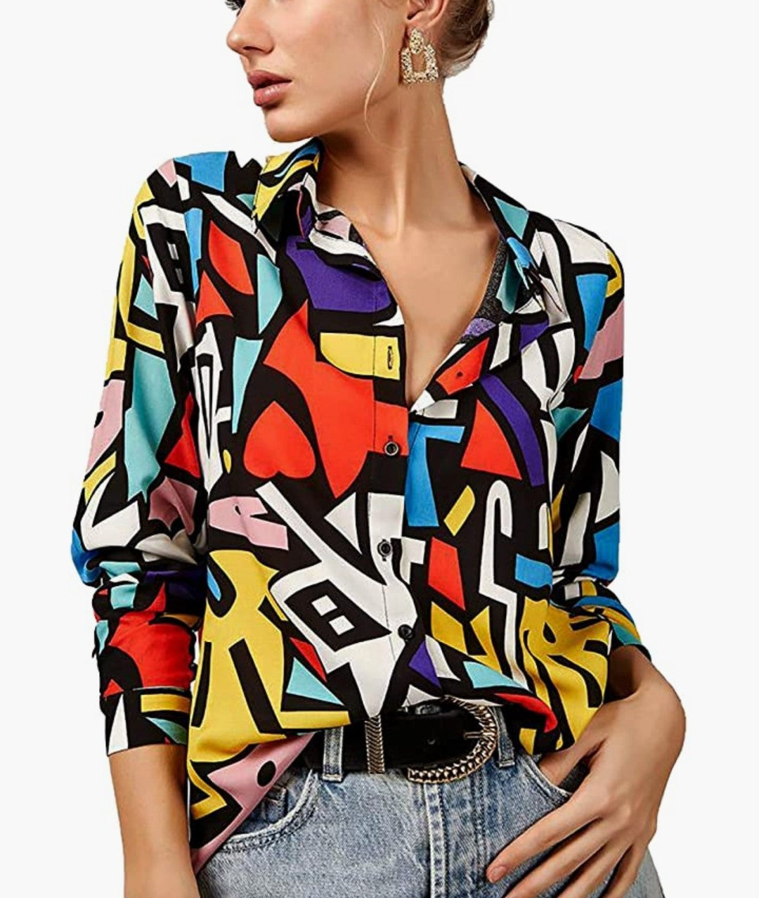 Jazzy Colorful Long Sleeve Button Down Blouse