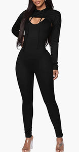 Sexy 2 Piece long Sleeve Hooded Crop Top Sleeveless Tank Jumpsuit Set